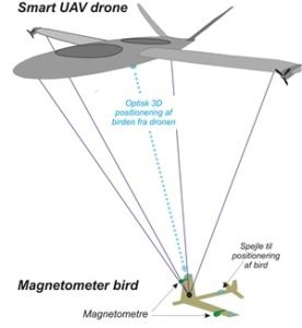 Model of the new drone with 'magnetometre bird' (photo: Arne Døssing Andreasen, DTU Space)