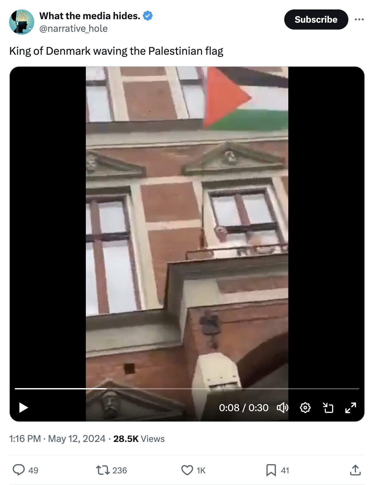 False video of Danish King waving Palestinian flag spreads online