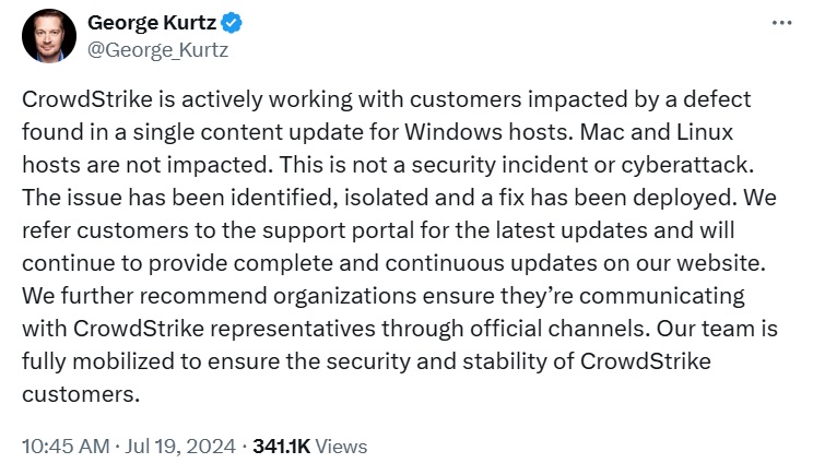 CrowdStrike director: IT outage issue “has been identifed”